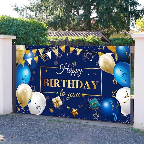HUGE Happy Birthday Backdrop Banner Sign Navy Blue Gold - Picture 6 of 6